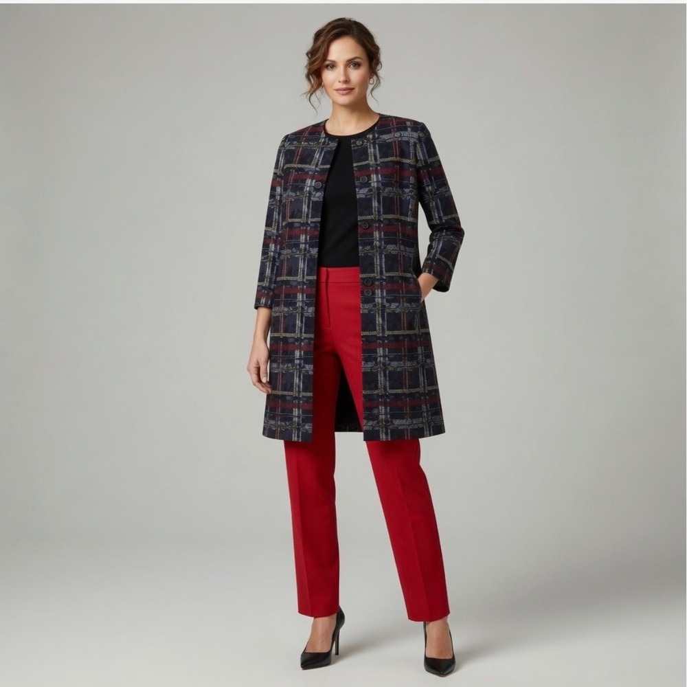 Nine West Womens Plaid Topper Jacket Multi Color Button Front Car Coat Size 14